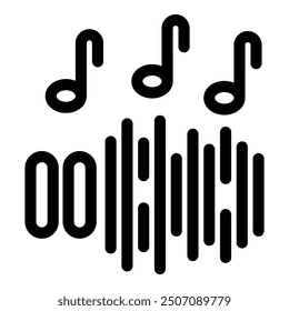 Bold black icon of music notes over a sound wave, representing music production