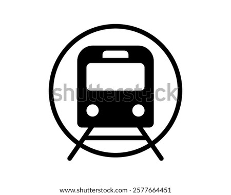 Bold black icon of a train in a circle, perfect for transportation, travel, or public transit designs.  Simple, modern style suitable for websites, apps, and infographics.