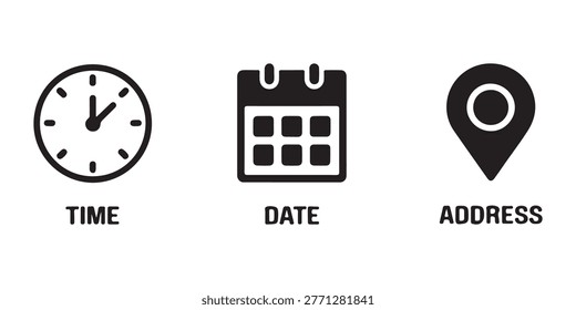 Bold black icons identifying time date and address parameters for contact pages forms and scheduling interfaces.