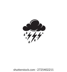 Fette schwarze Illustration einer Sturmwolke mit Blitzen und Regentropfen.