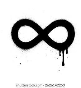 bold black infinity symbol created with spray paint in graffiti style. The design features paint splatter and dripping ink effects on a clean white background, giving it a modern, urban, and edgy look
