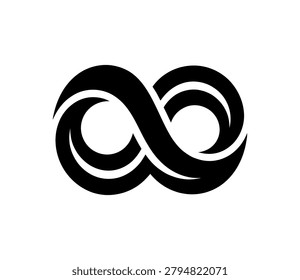 A bold black infinity symbol, a mathematical concept representing an unending quantity or a continuous loop, on a clean white background.