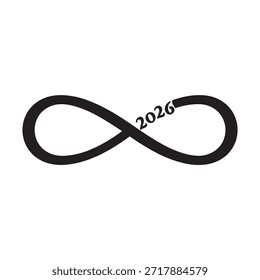 Un símbolo de infinito negro y audaz con el año '2026' elegantemente inscrito dentro del bucle. El símbolo del infinito es un emblema universal que representa infinitas posibilidades, eternidad y continuidad. La inclusión del año sugiere un enfoque en las perspectivas, objetivos o hitos futuros establecidos para el año 2026.