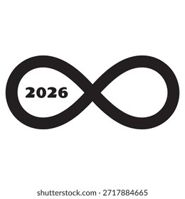 Un símbolo de infinito negro y audaz con el año '2026' inscrito dentro del bucle izquierdo. El símbolo del infinito es una representación matemática y simbólica de la eternidad y el infinito. El año 2026 sugiere una perspectiva a largo plazo o orientada al futuro.