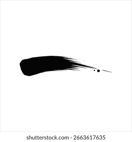 Um traçado de pincel de tinta preta em negrito varre um plano de fundo branco, afunilando até um ponto fino com pontos dispersos e bordas nítidas e fragmentadas.