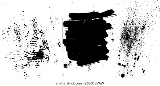 Trazos de pincel de tinta negra y salpicaduras sobre un fondo blanco, creando una textura grunge. Cuenta con Formas y tamaños variados.