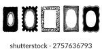 Bold black ink frame set with linocut and woodcut textures. Hand-drawn doodle borders, naive shapes, and irregular silhouettes isolated on white for vintage design and creative projects