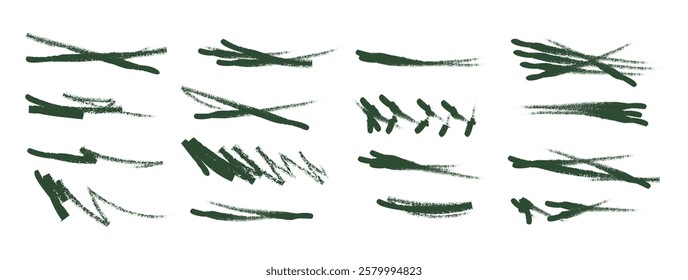 Bold black ink lines and long strikethrough brushstroke with grunge texture. Freehand squiggles, vector cross stripe, emphasis element, textured underline, handwritten brushstroke isolated on white 