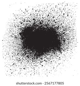 Bold black ink splash and blot on white paper background with watercolor brush stroke stain dark gray drop artistic splatter spot and spray for abstract design and illustration
