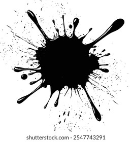 Una salpicadura de tinta negra sobre un fondo blanco, con una forma circular irregular con salpicaduras dinámicas, goteos y salpicaduras que se extienden hacia afuera en Vector
