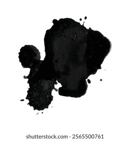 Bold black ink splatter on white background with watercolor blot artistic brush stroke dark drop spot gray stain abstract splash and spray for graphic design and illustration