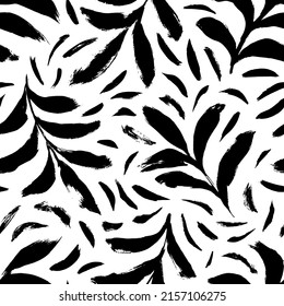 Bold black leaves vector seamless pattern. Hand drawn thick branches with textured leaves and small lines. Foliage vector background. Repeating texture with branches. Tropical ornament. 