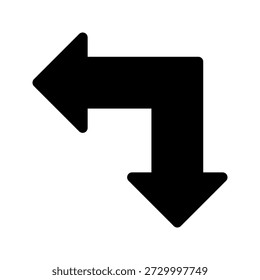 Bold Black Left Turn Arrow Icon Pointing Left and Down for Navigation and Directional Use