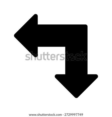 Bold Black Left Turn Arrow Icon Pointing Left and Down for Navigation and Directional Use