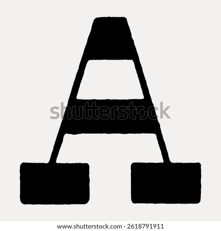 Bold black letter 'A' with a unique, stylized design. The letter 'A' is prominent, featuring thick lines and a distinctive shape. Eye-catching 'A' graphic. Vintage font isolated vector.