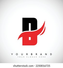 Bold Black Letter D Logo Design With Red Swoosh Vector Illustration