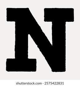 Bold black letter 'N' in a serif font on a light background. The letter 'N' stands out with its thick, strong lines. Classic serif 'N' design. Vintage art drawing, isolated vector element.