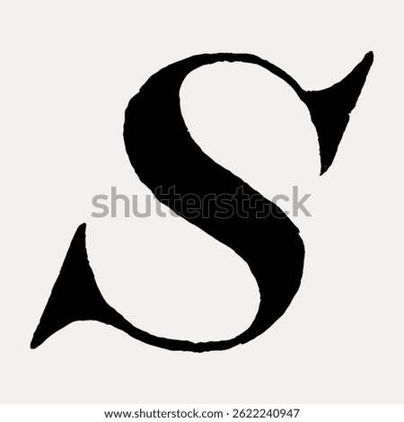Bold black letter 'S' with stylized serifs on a light background. The letter 'S' stands out with its unique serif design, creating a striking visual impact. Vintage font isolated vector.