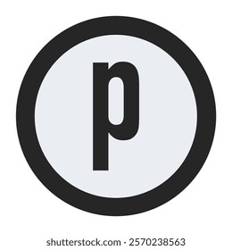 Bold black “p” letter surrounded by a black circular frame on a white background. A clean yet strong design, suitable for logos or projects requiring clarity and impact.