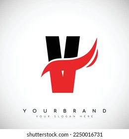 Bold Black Letter V Logo Design With Red Swoosh Vector Illustration