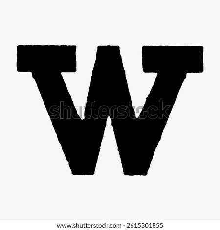 Bold black letter 'W' in a serif font on a white background. The letter 'W' stands out prominently. Serif font gives the 'W' a classic, bold appearance. Vintage font isolated vector.