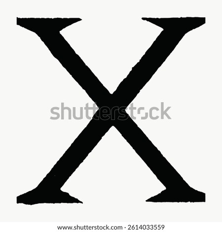 Bold black letter X on a white background. The letter X is large and prominent. Simple and striking design with the letter X as the focal point. Vintage font isolated vector.