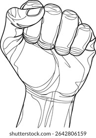 Bold black line art of a clenched human fist raised upward, symbolizing power, strength, unity, and resistance. Ideal for protest, activism, or motivational design illustrations.