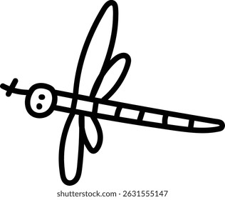 A bold black line art dragonfly is shown with a simple face.  The insect's body and wings are depicted in a hand-drawn manner for a childlike aesthetic. Cartoon vector illustration