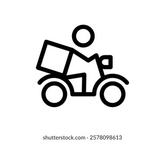 Bold black line art icon depicting a person delivering a package on a scooter.  Perfect for websites, apps, or presentations needing a simple, modern delivery illustration.