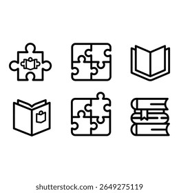 Bold Black Line Icons Puzzle Pieces Open Books Stacked Books Education Solution Knowledge Concepts