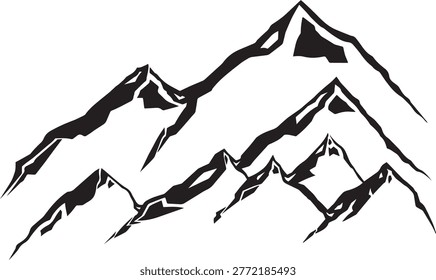 Bold black lines frame rugged mountain peaks. Sharp angles imply wild, untamed terrain. Sleek silhouettes contrast stark white background. Ideal for adventure, nature, or minimalist design
