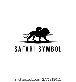 Bold black lion silhouette walking across a savanna at sunset. Designed as a clean logo symbol for safari, travel and wildlife brands conveying strength, adventure, nature and timeless elegance.