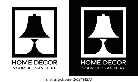 A bold black logo combining an elegant lamp with a decorative frame perfect for home decor stores interior designers and furnishing businesses