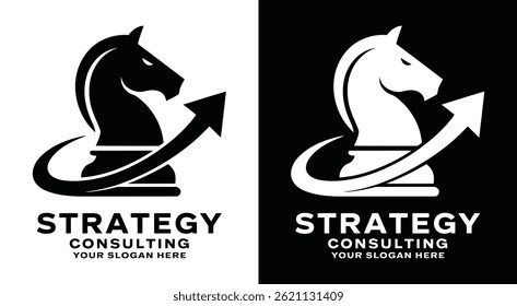 Bold black logo combining a knight chess piece and arrow icon crafted for strategy consultants businesses focused on direction vision and competitive positioning