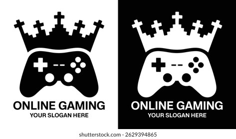 Bold black logo featuring a controller and crown icon designed for online gaming platforms esports teams streamers and gaming services focused on victory and competition