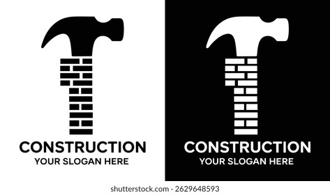 Logotipo negro audaz con un icono de martillo y ladrillo ideal para empresas de construcción, constructores, expertos en albañilería y servicios de contratistas enfocados en la durabilidad, resistencia y estructura