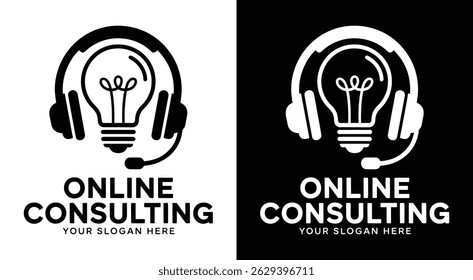 Bold black logo featuring a headset and light bulb icon ideal for online consulting firms digital advisors help desks and customer support services focused on innovation and guidance