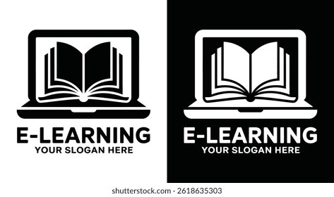 Bold black logo featuring a laptop and book icon designed for e-learning platforms online educators and digital knowledge-based services