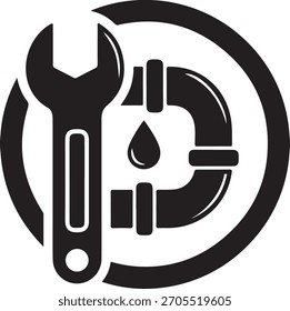 A bold black logo featuring a wrench integrated with plumbing pipe elements.