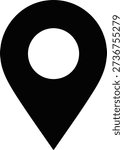 A bold black map marker icon, ideal for showing locations, GPS tracking, or points of interest on a clean white field.