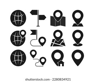 Bold black map vector illustration icon set. Included the icons as pin, nearby, direction, position, web and more.