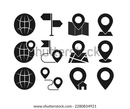 Bold black map vector illustration icon set. Included the icons as pin, nearby, direction, position, web and more.