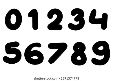 Bold black mathematical digits from 0 to 9 font collection set. Vector illustration in hand drawn doodle style isolated on white background. For birthday, learning, card, logo, sales, decorating.