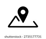 A bold, black, minimalist icon representing a map location pin centered above a simple outline of a mountain or terrain feature, perfect for navigation and travel applications, isolated on a pure whit