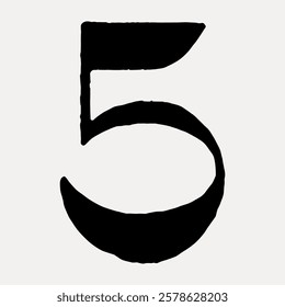 Bold black number five on a light background. The number five is large and prominent. Simple, bold, and striking design featuring the number five. Vintage black font isolated on white, vector.