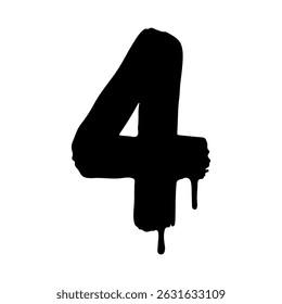 Bold black number four in a grunge brushstroke style with rough edges and dripping ink effect. Grunge style number four black ink illustration. Vector illustration