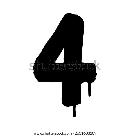 Bold black number four in a grunge brushstroke style with rough edges and dripping ink effect. Grunge style number four black ink illustration. Vector illustration