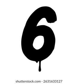 Bold black number six in a grunge brushstroke style with rough edges and dripping ink effect. Grunge style number six black ink illustration. Vector illustration