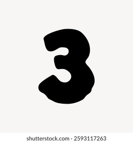 Bold black number three on a plain white background. The number three is large and prominent. Simple and clear number three design. Creative font vector.