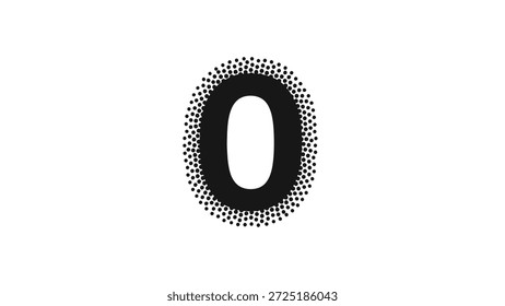 Un número cero negro con un contorno punteado único, creando una estética texturizada y moderna, aislada sobre un fondo blanco limpio.